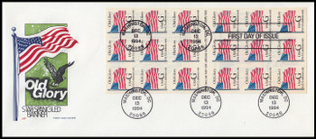 2887 / G - Rate ( 32c ) Old Glory Booklet Pane of 18 with backing on #10 Envelope 1994 House Of Farnam FDC