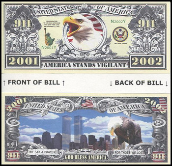 9 / 11 One Year Anniversary / Bald Eagle Novelty Commemorative Dollar Bill