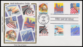 2902B, 2904A, 2906, 2910, 2912A and 2915B / 5c - 32c Self Adhesive Coil Reissues 1996 Colorano Silk First Day Cover