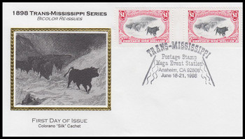3210 / $1 Trans-Mississippi Centennial Reissue Attached Pair Colorano Silk 1998 Event Cover