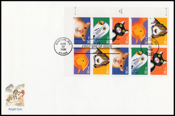3234a / 32c Bright Eyes : Pets Se-Tenant Plate Block Left Oversized Large Format Fleetwood 1998 FDC
