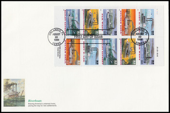 3095a / 32c Riverboats Se-Tenant Plate Block Lower Left Oversized Large Format Fleetwood 1996 FDC