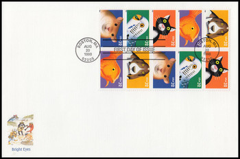 3234a / 32c Bright Eyes : Pets Se-Tenant Block Oversized Large Format Fleetwood 1998 FDC