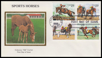 2759a / 29c Sporting Horses Se-Tenant Block Colorano Silk 1993 First Day Cover