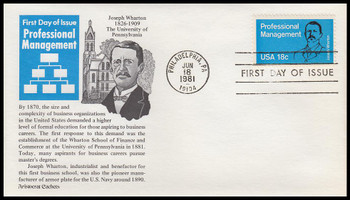 1920 / 18c Joseph Wharton : Wharton School of Finance and Commerce 1981 Aristocrat Cachets First Day Cover