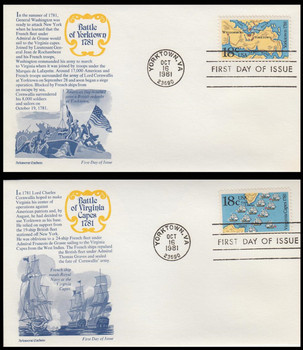 1937 - 1938 / 18c Battles of Yorktown and Virginia Set of 2 Aristocrat Cachets 1981 First Day Covers