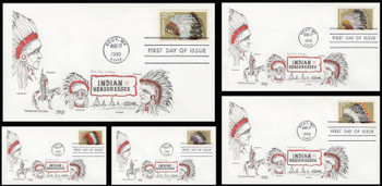 2501 - 2505 / 25c Indian Headdresses Set of 5 Aristocrat Cachets 1990 First Day Covers