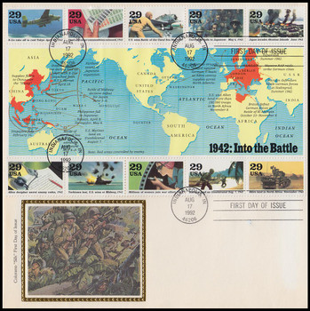 2697 / 1942 :  Into the Battle Souvenir Sheet of 10 : World War II / WWII Series 1992 Oversized Large Format Colorano Silk FDC (Has toning and stains, see pics. PRICED TO SELL!)