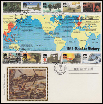 2838 / 1944 :  Road to Victory Souvenir Sheet of 10 : World War II / WWII Series 1994 Oversized Large Format Colorano Silk FDC