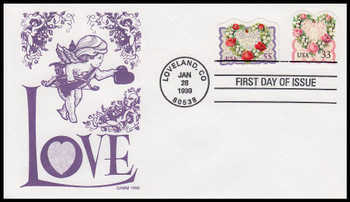 3274 & 3275 / 33c & 55c Victorian Flower Heart & Lace : Love Series Combo 1999 Gamm First Day Cover