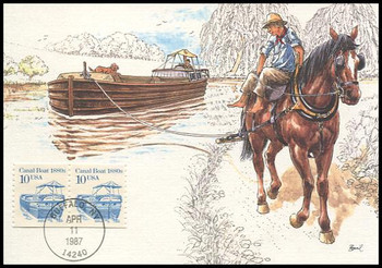 2257 / 10c Canal Boat 1880s Coil Pair Transportation Series 1987 Fleetwood First Day of Issue Maximum Card