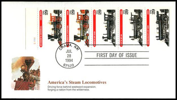 2847a / 29c Locomotives Se-Tenant Booklet Pane of 5 Fleetwood 1994 FDC