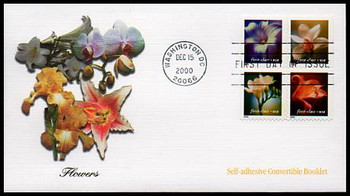 3457a / Flowers Non-Denominated 34c Self-Adhesive Convertible Booklet Block of 4 Fleetwood 2000 FDC
