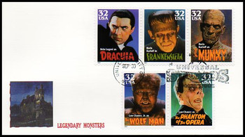3172a / 32c Classic Movie Monsters Se-Tenant Strips 1997 Fleetwood FDC