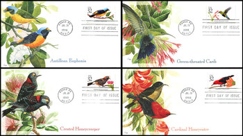 3222 - 3225 / 32c Tropical Birds Set of 4 Fleetwood 1998 First Day Covers