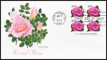 3052e / 33c Coral Pink Rose Booklet Pane of 4 Fleetwood 2000 FDC