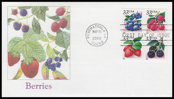 3297e / 33c Fruit Berries PSA Booklet Se-Tenant Block Fleetwood 2000 FDC