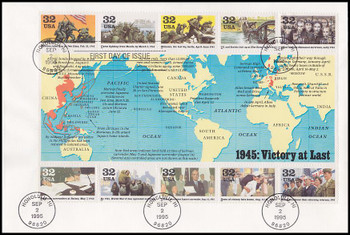 2981 / 1945 : " Victory At Last " Souvenir Sheet of 10 : World War II / WWII Series Oversized Large Format 1995 Fleetwood FDC