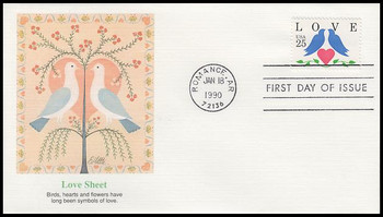 2440 / 25c Lovebirds and Heart Love Series 1990 Fleetwood First Day Cover