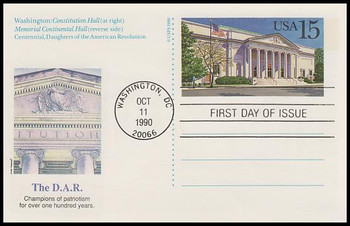 UX151 / 15c Constitution Hall, Washington, DC : Historic Preservation Series 1990 Fleetwood FDC Postal Card