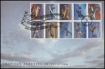 3925a / 37c Advances in Aviation : Oshkosh, WI Postmark Se-Tenant Block of 10 Oversized Large Format Fleetwood 2005 FDC