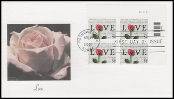 3551 / 57c Love Stamp Plate Block 2001 Fleetwood FDC