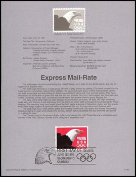 2541 / $9.95 Express Mail Eagle and Olympic Rings 1991 USPS #9161 Souvenir Page