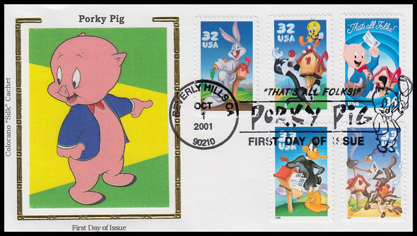 3534a / 34c Porky Pig Combo : Looney Tunes 2001 Colorano Silk First Day Cover