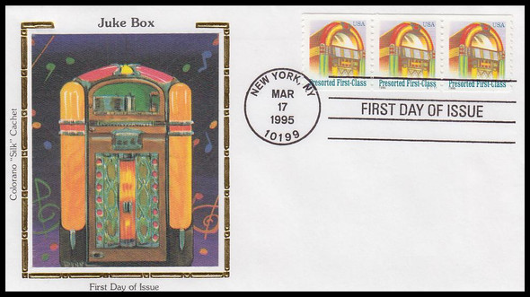 2912 / 25c Non-Denominated Juke Box Coil Strip of 3 w/PNC Colorano Silk 1995 FDC