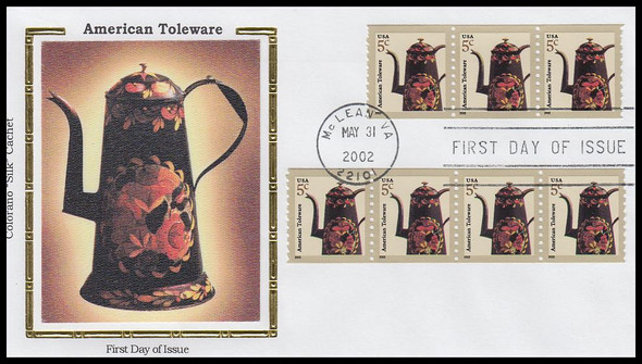 3612 / 5c American Toleware Coil Strip of 4 & 3 Colorano Silk 2002 First Day Cover