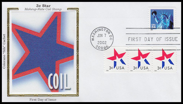 3615 / 3c Star Strip of 3 w/PNC Colorano Silk 2002 FDC