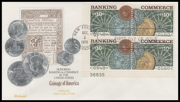 1578a / 10c Banking and Commerce 1975 Se-Tenant Plate Block Fleetwood FDC