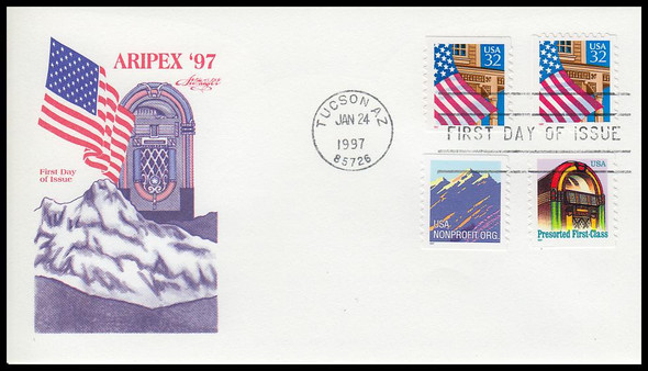 2904B / 2912B / 2915D / 2921 / 5c - 32c Mountain / Jukebox & Flag Over Porch Combo 1997 Artmaster FDC