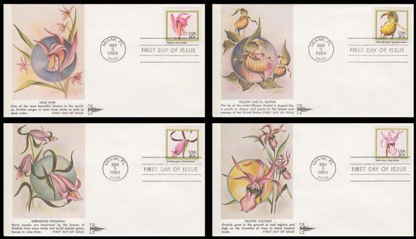 2076 - 2079 / 20c Orchids Set of 4 Gill Craft 1984 First Day Covers