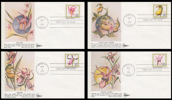 2076 - 2079 / 20c Orchids Set of 4 Hand Cancel Gill Craft 1984 First Day Covers