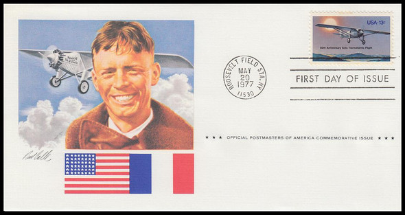 1710 / 13c Lindbergh Flight w / info card 1977 Postmasters of America First Day Cover