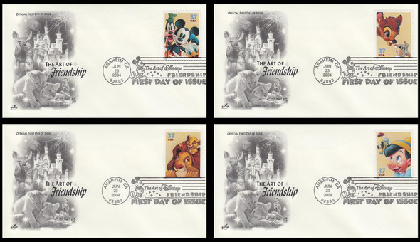 3865 - 3868 / 37c Friendship : Art of Disney Series 2004 Set of 4 Artcraft First Day Covers