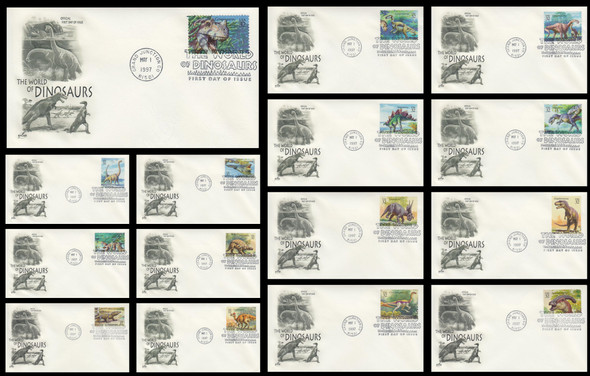 3136a-o / 32c World of Dinosaurs Set of 15 Artcraft 1997 FDCs