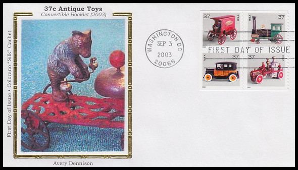 3642a - 3645f / 37c Antique Toys PSA Convertible Booklet Block 2003 Colorano Silk First Day Cover