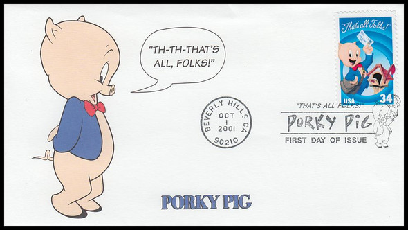 3534a / 34c Porky Pig : Looney Tunes 2001 Mystic First Day Cover