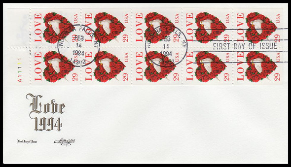 2814a / 29c Dove and Roses : Love Series Booklet Pane 1994 Artmaster FDC