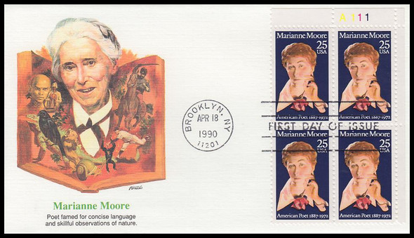 2449 / 25c Marianne Moore Plate Block 1990 Fleetwood FDC