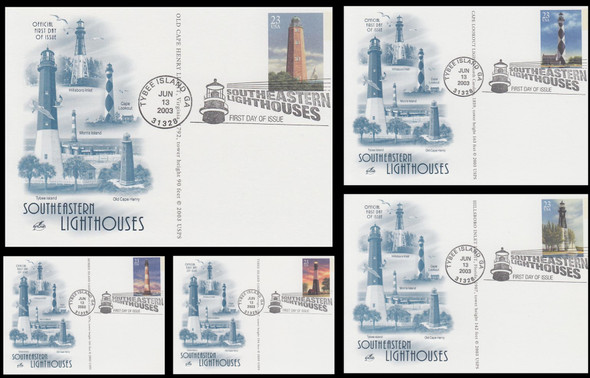 UX395 - UX399 / 23c Southeastern Lighthouses Set of 5 Artcraft 2003 Postal Cards First Day Covers
