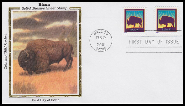 3468 / 21c North American Bison Self-Adhesive Pair 2001 Colorano Silk First Day Cover