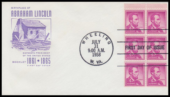 1036b / 4c Abraham Lincoln Booklet Pane of 6 House of Farnam 1958 FDC ( Light Toning Throughout )