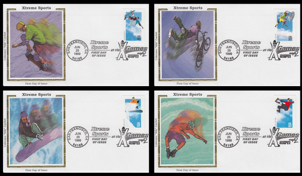 3321 - 3324 / 33c Xtreme Sports : XGames Set of 4 Colorano Silk 1999 First Day Covers