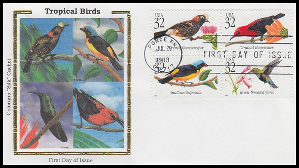 3225a / 32c Tropical Birds Se-Tenant Block 1998 Colorano Silk First Day Cover