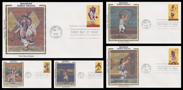 3072 - 3076 / 32c Native American Indian Dances Set of 5 Colorano Silk 1996 First Day Covers