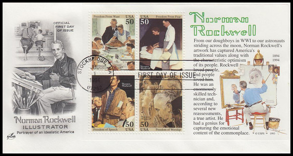 2840 / 50c Norman Rockwell "Four Freedoms" Souvenir Sheet Monarch Size Artcraft 1994 FDC