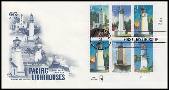 4150a / 41c Pacific Coast Lighthouses Plate Blk Lwr Right On Monarch Size Artcraft 2007 FDC